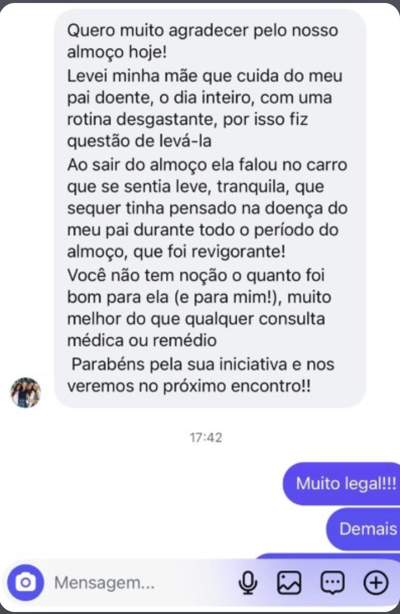 Mensagem de filha contando que a mãe saiu do almoço leve e revigorada